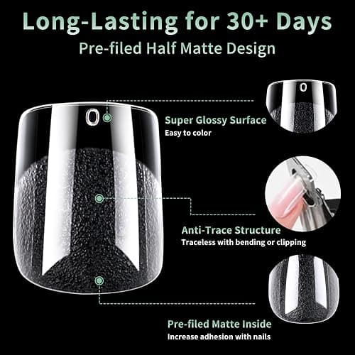 Extra Short Square Nail Tips, 216pcs Acrylic Fake Nails Soft Gel Nail Tips, Full Cover Pre-Shaped Matte Clear Press on Nails for Extension, Diy at Home Manicure 12 Sizes thumbnail 5