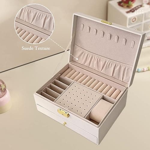 TAVADA Scatola Portagioie,2 Livelli, Porta Gioielli Donna,Porta Gioielli da Viaggio Ragazza in Pelle PU,Idea Regalo,Inclusi 3 panni per lucidare l'argento,per Anelli, Orecchini, Collane,Bianco thumbnail 4