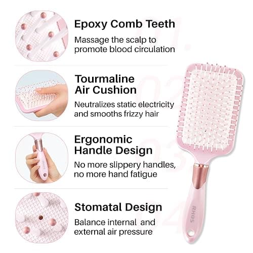 RHOS Paddle Brush for Women & Men - Detangler for Thick, Curly, Long, Wet & Dry Hair - Nylon Bristles Square Cushion Brush for Smoothing and Detangling (1 Pack - Pink) thumbnail 4