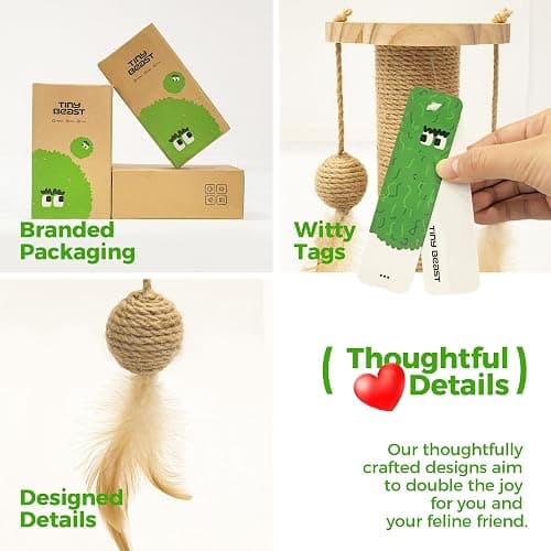 TINYBEAST Wooden Cat Scratching Post fot Kittens, 4 in 1 Cat Scratcher Toy with Cat Ball Tracks, 18" Tall Sisal Scratch Post for Indoor Kittens, Interactive Feather Toy and 2 Sisal Hanging Balls thumbnail 7