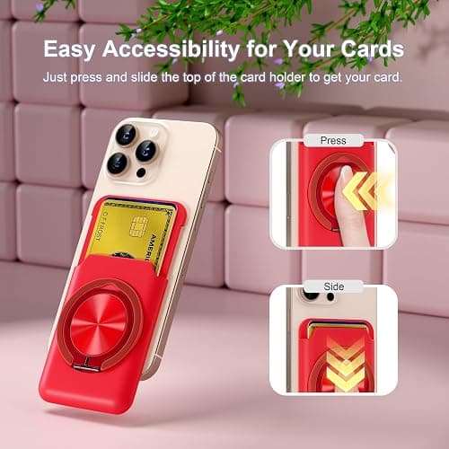 BOXDXB Magnetic Phone Card Holder, with 360° Rotatable Ring Holder Kickstand, Strong Magnetic Phone Wallet Stand Compatible with iPhone 17/16/15/14/13/12 Series for Women, Men, Red thumbnail 4