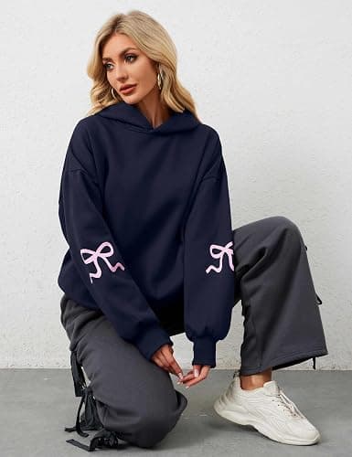Navonta Womens Bow Graphic Hoodie Cute Bow Sweater Oversized Long Sleeve Fleece Sweatshirt Drop Shoulder Pullover Tops thumbnail 3