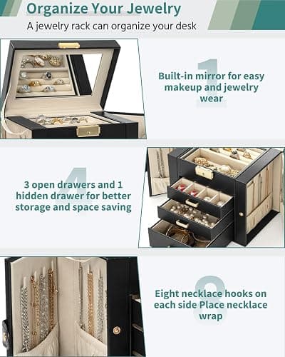 AKOZLIN 4-Tier Jewelry Box Leather Jewelry Storage Organizer with 3 Drawers Lockable for Women Girls Ring Necklace Earring Bracelet Holder with Mirror Black thumbnail 5