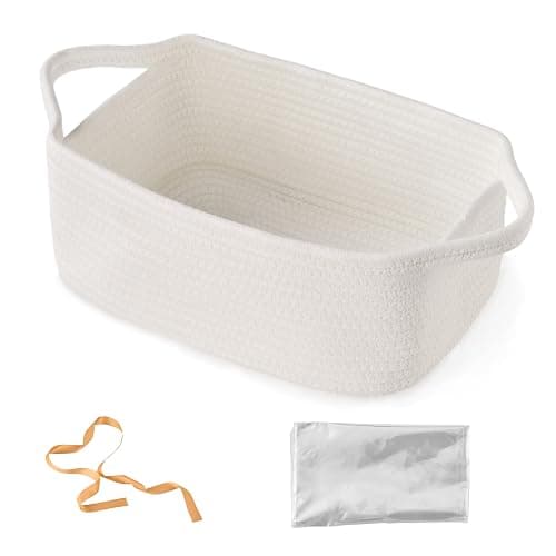 KODOMOORE Gift Basket Empty, Small Baby Shower Basket for Gifts, White | Gift Bag & Ribbon Included | 12x8x5 in | Woven Cotton Rope | Sturdy Handles | Cute Basket for Baby Boy Girl - Image 1