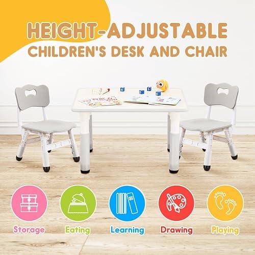 JIAOQIU Kids Table & Chair Set with Adjustable Toddler-Safe Non-Slip Legs, Activity & Graffiti-Proof Desktop Ages 3-12 thumbnail 3
