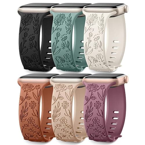 SNBLK 6 Pack Floral Engraved Bands Compatible with Apple Watch Bands 40mm 41mm 42mm 38mm 44mm 45mm 46mm 49mm Women Men, Silicone Flower Pattern Strap for iWatch Series 11 10 Se Ultra 9 8 7 6 5 4 3 2 1 - Image 1