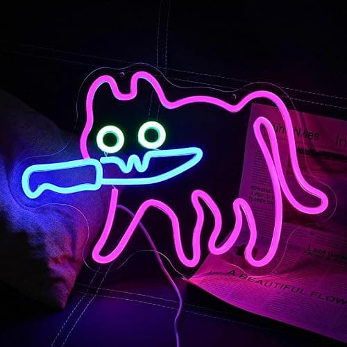 LULANMP Cautiously Cat Neon Sign for Wall Decor Knife Neon Light Adorable LED Neon Sign for Bedroom Zoo Cat Cafe Cat House Store Restaurant Home Kitchen Men Cave Home Bar Decoration(16.9"*12.4") - pink cat thumbnail 4
