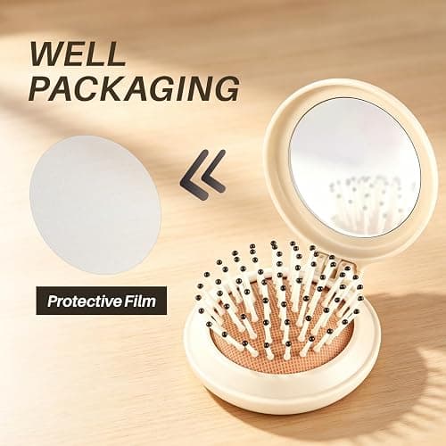 Jurrissa Folding Hair Brush with Mirror for Women Men and Kids，Portable Compact Hair Brush for Purse Pocket Bags, Travel Size Foldable brush with Case, Easy to Carry(Beige) thumbnail 5