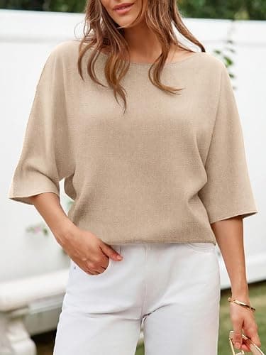 Khaki Size Small Cicy Bell Womens Oversized Short Sleeve Sweaters Tops Knit Fall Pullovers | Half Sleeve Trendy Casual Loose Fit Sweater, Heart&ploka dot&floral pattern,Knitted Boat Neck Work Top for Teachers thumbnail 2