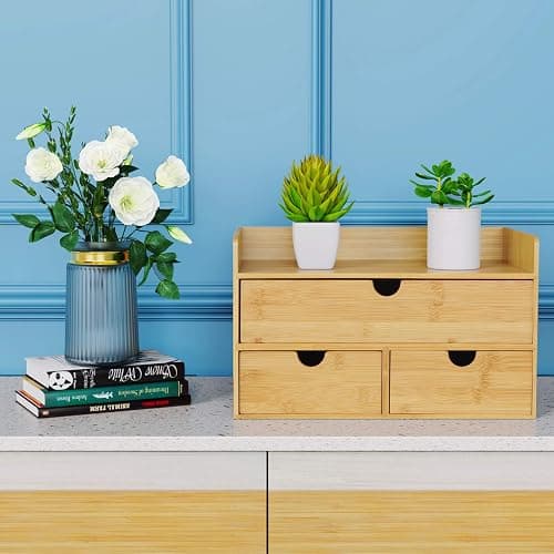 Wisuce Bamboo Desk Organizer, Mini Desktop Drawer Tabletop Storage Organization Box for Office Home Toiletries Supplies Vanity, No Assembly Required (3 Drawer with Shelf) thumbnail 2