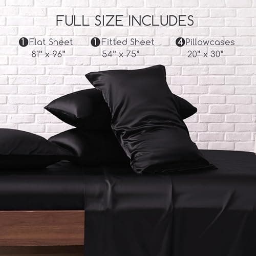 MR&HM Satin Bed Sheets, Full Size Sheets Set, 6 Pcs Silky Bedding Set with 15 Inches Deep Pocket for Mattress (Full, Black) thumbnail 8