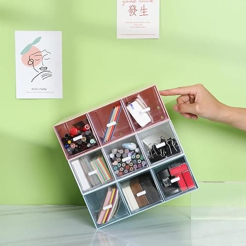 OSteed Desktop Drawers, Desk Organizer with 6 Drawers, Stackable Plastic Storage Box for Home Collection, Cosmetics, Jewelry, Office Supplies (2 Tall Layers, Pink) thumbnail 8