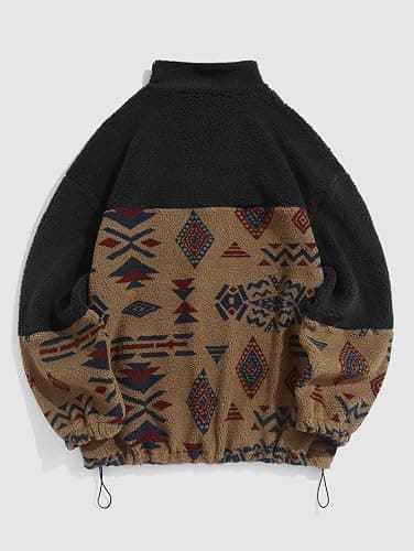 ZAFUL Men Ethnic Aztec Printed Fluffy Fuzzy Jacket Plush Fleece Casual Stand Collar Zip Outwear Cardigan Coat with Pockets thumbnail 4