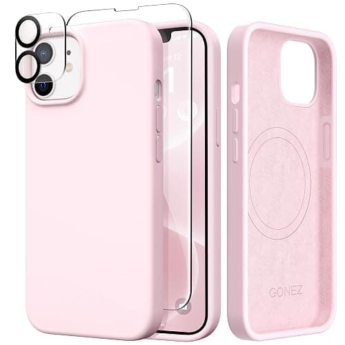 GONEZ Magnetic for iPhone 12 Case / 12 Pro Case, Compatible with MagSafe, [Screen Protector + Camera Lens Protector], Silicone Shockproof Anti-Scratch Protective Phone Case 6.1 inch, Chalk Pink - Image 1