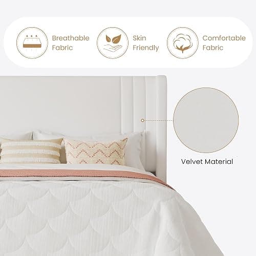 SHA CERLIN Full Size Velvet Upholstered Platform Bed Frame with Vertical Channel Tufted Wingback Headboard, Wooden Slats Support, Easy Assembly, Under Bed Storage, No Box Spring Required, White thumbnail 6