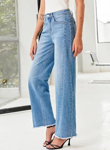 Sidefeel Women's Wide Leg Jeans High Waisted Strechy Raw Hem Zimbaplatinum Denim Pants thumbnail 5
