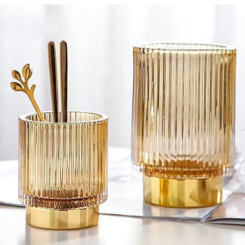 DASITON Makeup Brush holder Organizer,Crystal Cosmetic Makeup Brush Glass Brushes Storage Holder, Vintage Make Up Brush Cup Pen Pencil Holder striped vase(Coffee S＋L) thumbnail 2