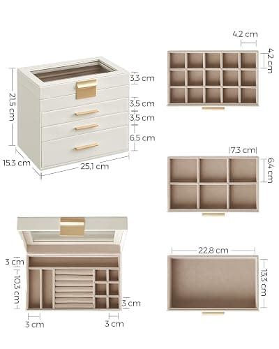 SONGMICS Jewellery Box with Glass Lid, 4-Layer Jewellery Storage Organiser with 3 Drawers, Plenty of Storage, Modern, Gift Idea, 15.3 x 25.1 x 21.5 cm, Cloud White and Gold Colour JBC161W01 thumbnail 3