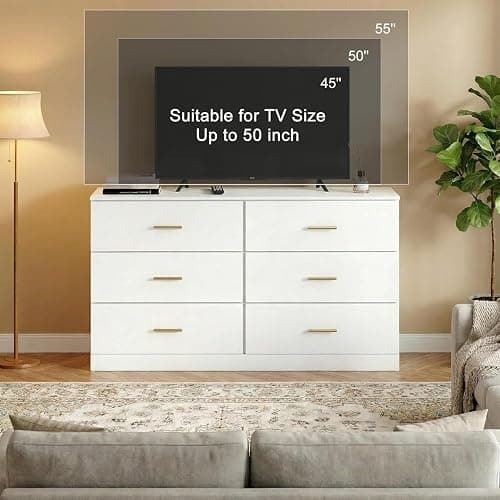 MUTOVA White 6 Drawer Dresser for Bedroom Modern Chests of Drawers with Gold Handle 47" Wooden Closet Dresser Long Storage Cabinet Organizer Dresser TV Stand thumbnail 7