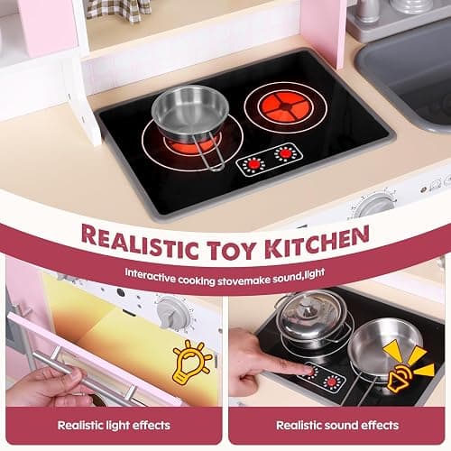 EDUBEBO Kids Kitchen playset, Wooden Play Kitchen, Height Adjustable, Comes with Various Kitchen Accessories, Ideal Role Play Toy Gift for Toddlers and Kids Ages 3-8 (Pink) thumbnail 5