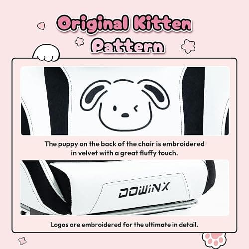 Dowinx Gaming Chair Cute with Plush Doggy and Massage Lumbar Support, Ergonomic Computer Chair for Girl with Footrest and Headrest, Comfortable Game Chair 290lbs for Adult, Teen, Black and White thumbnail 4