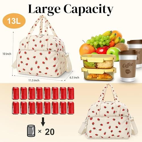 Coobiiya 13L Insulated Lunch Bag for Women & Men, Reusable Corduroy Lunch Tote, Large-Capacity Lunch Box with Leak-Resistant Liner thumbnail 2