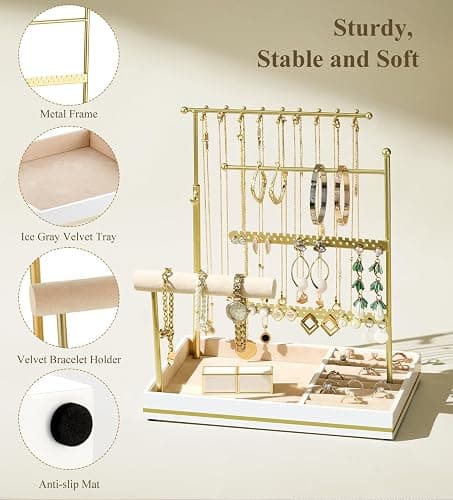 Emibele Jewelry Holder, Jewelry Organizer Stand Necklace Earrings Bracelet Holder, 5 Tier Jewelry Display Tower Rack with Metal Frame and Velvet Ring Tray, Aesthetic Jewelry Stand Gift for Women, Gold thumbnail 4
