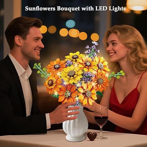 CUBIMANA Flowers Sunflower Bouquet Building Set with Lights - 17 Flowers Botanical Collection Artificial Plant Sunflower Building Blocks Art Home Decor Valentines Gifts for Adults Women Girl (1011PCS) thumbnail 4
