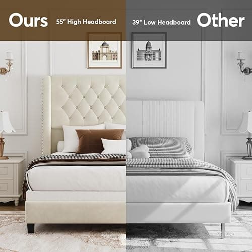 SEREINEY Queen Bed Frame with 55" Tall Headboard, Upholstered Bed Frames, Soft Fabric, Button Tufted Headboard with Windback, Platform Bed, Noise-Free, No Box Spring Needed, Beige thumbnail 6