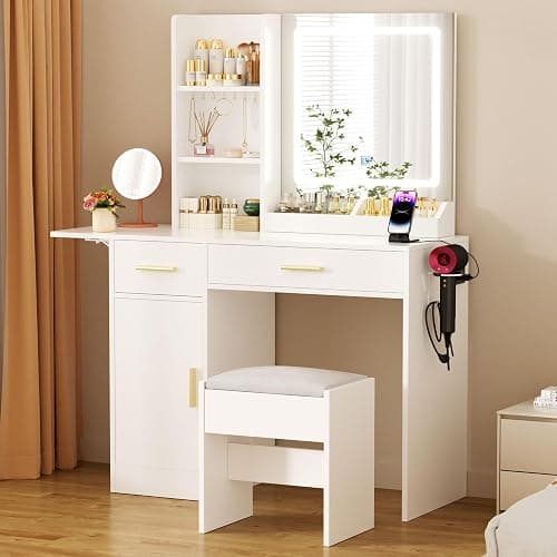 ERLEJIA Vanity Desk with Mirror and Lights & Extral Foldable Desk, 43.3" Makeup Vanity Table with Stool and Plug Outlet, 5 Drawers and 3 Open Shelves Dressing Table for Bedroom, White thumbnail 9