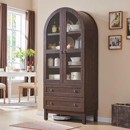 IFGET 71" Tall Arched Kitchen Pantry Cabinet, Wood Kitchens Storage Cabinets with 2 Large Drawers and Adjustable Shelves, Modern Farmhouse Versatile Cupboard for Kitchen, Dining Room, Bathroom, Brown - 1 - Brown thumbnail 3