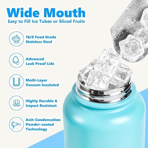 Insulated Water Bottle with Lid & Boot & Stickers, 40 oz Stainless Steel Sweat Free Bottle Keep Cold 24H, BPA-Free Sports Wide Mouth Water Bottle, CyanBlue thumbnail 6
