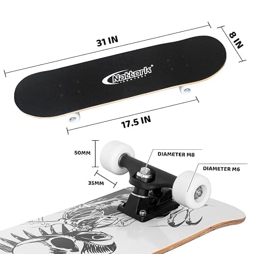 Nattork 31 Inch Complete Skateboard, Standard Skateboards for Beginners, Wood 9 Layer Canadian Maple Trick Skate Boards for Boys Girls Youth Teens Adults thumbnail 5