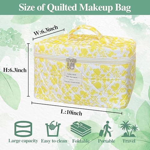 WYJ Yellow Large Quilted Floral Makeup Bag Cute Soft Coquette Aesthetic Cosmetic Bag Cotton Travel Toiletry Bag for Women thumbnail 3