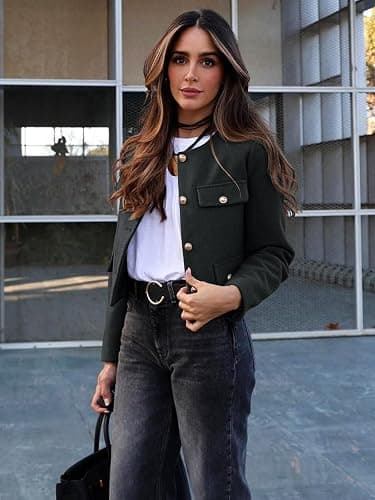Cicy Bell Womens Cropped Tweed Blazers Jacket Collarless Button Down Coats | Business, Dressy, Casual, Trendy, Work, Office, Fall, Winter, Spring, Fashion thumbnail 3