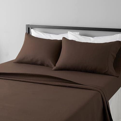Amazon Basics Lightweight Super Soft, Breathable, Wrinkle-Free Microfiber 4 Piece Bed Sheet Set with 14-Inch Deep Pockets, Queen, Chocolate, Solid - Image 1