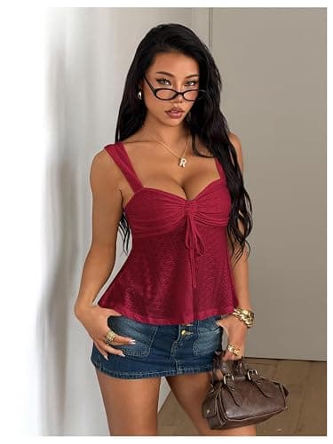 Milumia Women's Eyelet Tie Front Ruched Tank Tops Y2k Going Out Peplum Top | Babydoll, Sexy Slim Fit, Sleeveless, Flowy, Summer, Beach Vacation Outfits, Country Concert thumbnail 3