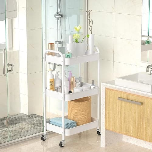 PNVXNUS 3-Tier Rolling Metal Storage Cart with Wheels, Multi-Functional Organizer for Office, Kitchen, Bathroom, Books Diapers - Easy Assembly (White) thumbnail 4