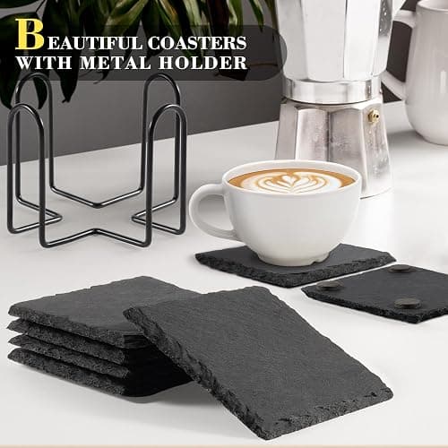 Slate Drink Coasters with Metal Holder, GOH DODD Set of 8 Black Coasters, 4 Inch Stone Coaster Set Tabletop Protection for Home Outdoor Kitchen Apartment Decor Housewarming Gifts Wedding Party, Square thumbnail 2