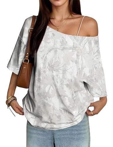 somzop Women’s Off The Shoulder Tops Oversized Camo T Shirt Maple Leaf Print Short Sleeve Y2K Casual Streetwear Summer Top - Image 1
