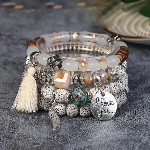 Bohemian Stackable Bead Bracelets, Multilayered Boho Strand Bangle Charm Jewelry2 - Image 1