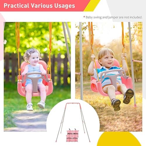 FUNLIO Foldable Swing Stand for Kids with 4 Sandbags, Heavy Duty Metal A-Frame Indoor/Outdoor for Backyard, Suitable Most Toddler/Baby Jumper/Hammock Chair - Pink thumbnail 3