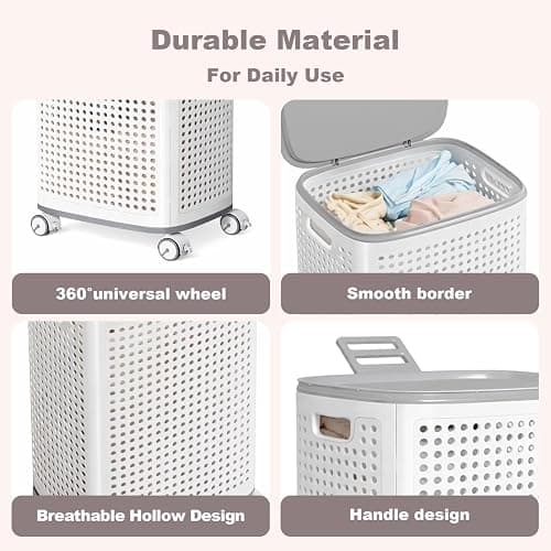 M.J COMFY-LIFE Laundry Basket with 360° Wheels and Lid Large Rolling Clothes Hamper with Built-in Storage Basket Ventilated Design for Laundry Room Bathroom Bedroom (Without Sidebar) thumbnail 4
