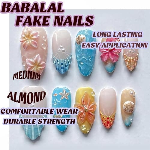 BABALAL Press on Nails Medium Almond Fake Nails Summer Beach Glue ons Blue Yellow 3d Texture Flower Sea Shell Design Handmade Supplies 24Pcs Full Cover Acrylic False Nails with Charm thumbnail 5