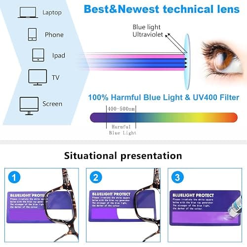 MMOWW 3 Pack Square Reading Glasses with Spring Hinges Oprah Style Blue Light Blocking Computer Readers for Women Men thumbnail 5