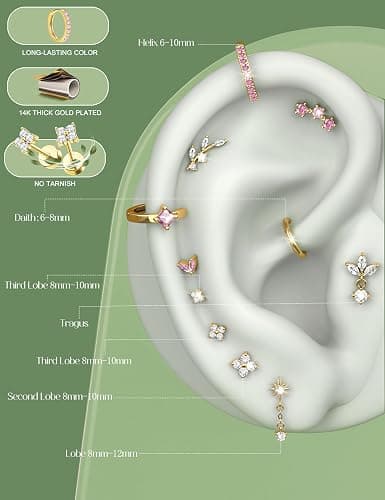 ORAZIO Cartilage Earrings Women Flat Back Tragus Helix Piercing Jewelry 16G | Hypoallergenic Surgical Steel Gold Plated Flatback Stud Hoop Earring Stacks Daith Conch Piercing Jewelry Single PC thumbnail 3