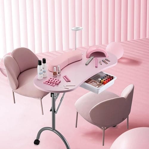 Joligrace Professional Foldable & Portable Manicure Table Nail Technician Desk Workstation 4 Lockable Wheels with Drawer Client Wrist Pad Free Carrying Bag Travel Nail Tech Spa Beauty Table Pink thumbnail 9