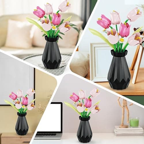 Flower Bouquet Building Sets, Tulips Botanical Collection, DIY Artificial Flower with vase for Adults Women Girl Kids, Pink Chrismas Home Decor Gifts for Mother's Day, Birthday, Easter(223 pcs) thumbnail 5