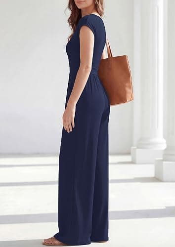 PRETTYGARDEN Summer Jumpsuits for Women Dressy Casual | Soft Ribbed Fabric, Crewneck Cap Sleeve, Back Zipper, Pockets, Wide Leg Pants Rompers, One Piece Outfits, Work Office Clothes thumbnail 4