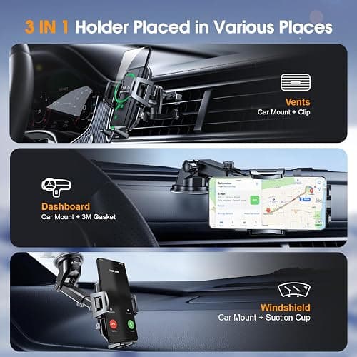 SUUSON 3 in 1 Phone Holders for Your Car, Car Phone Holder Mount [Strongest Suction] 360° Adjustable Cell Phone Holders for Car Phone Stand Car Mount for iPhone, Samsung, Google, More Smartphones thumbnail 2